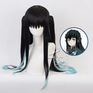 Парик для косплея из аниме «рассекающий демонов» Tokitou Muichirou, парик для косплея, длинный, черный, градиентный, зеленый, термостойкие волосы, искусственный парик на Хэллоуин