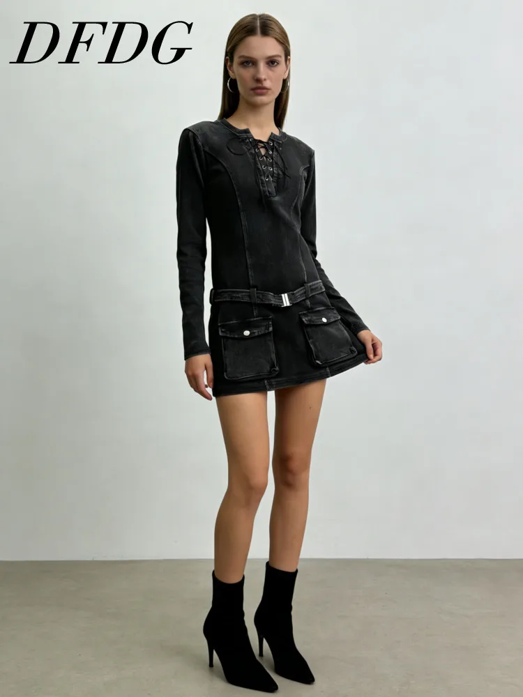 

Женское джинсовое мини-платье DFDG в стиле карго на шнуровке, весна-лето, повседневное, уличный стиль, модный женственный образ 2026 года