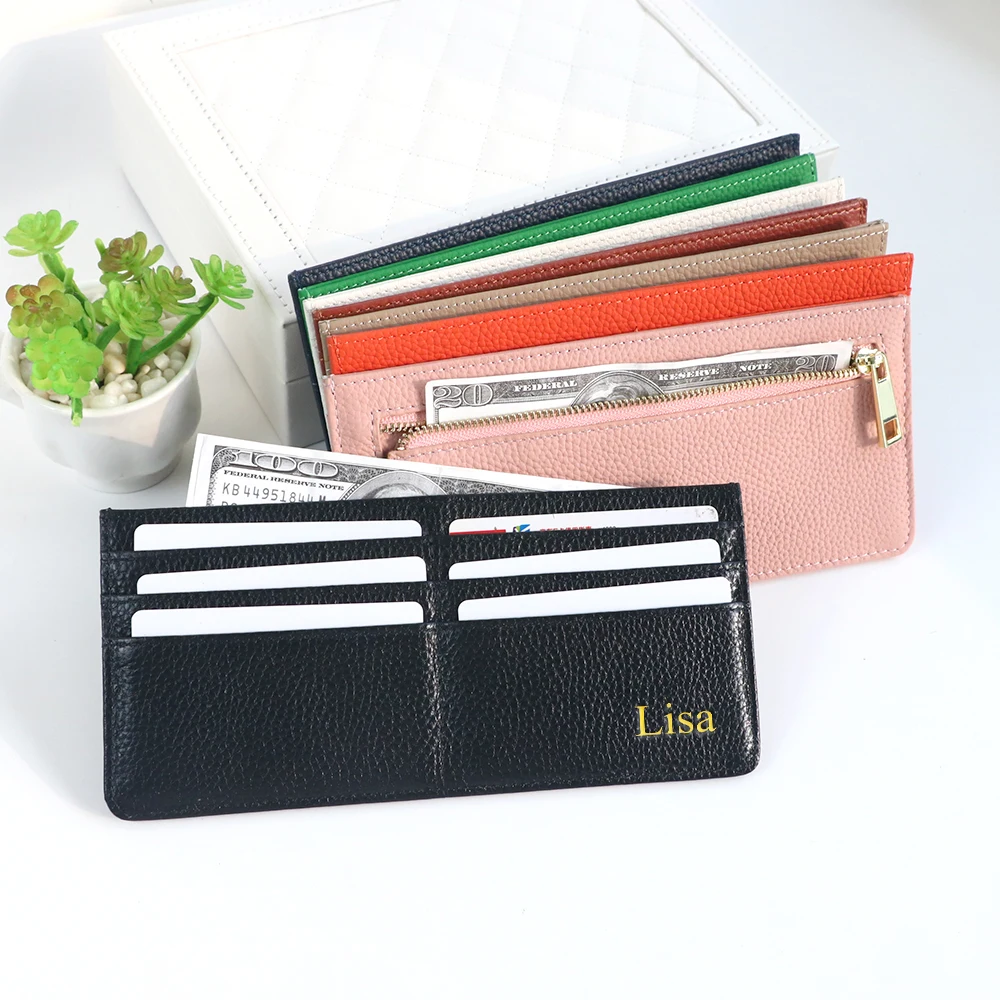 Customized Name Genuine Leather Multi-Slot Card Case Wallet, High-End Feel, Ultra-Thin Genuine Leather Zipper Wallet