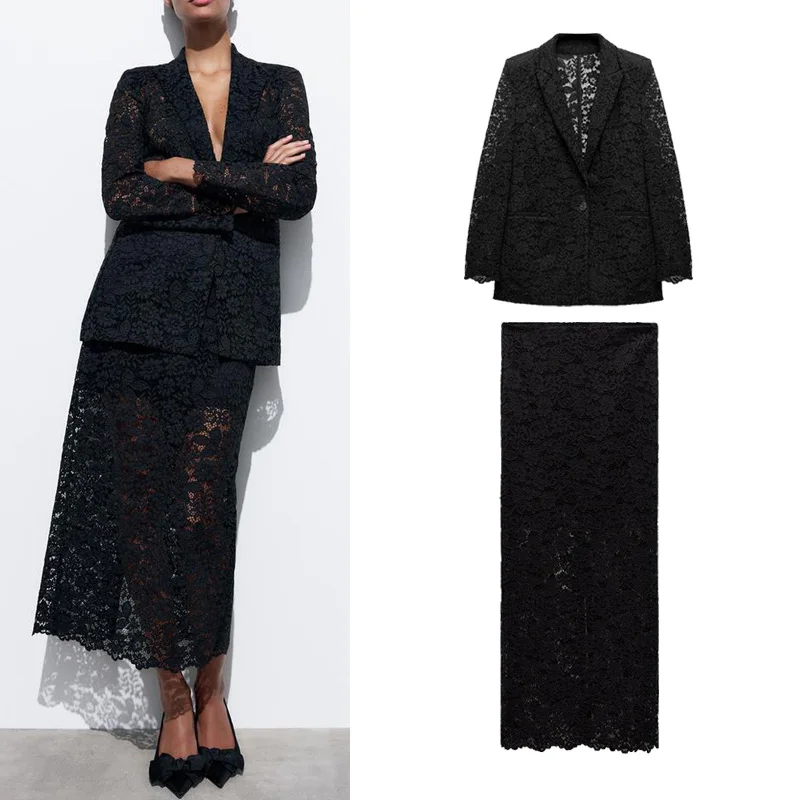 

Spring Summer Lace Trim Long Sve Turn-down Collar Mid-length f Skirt Faion Set for Women 2025 Season