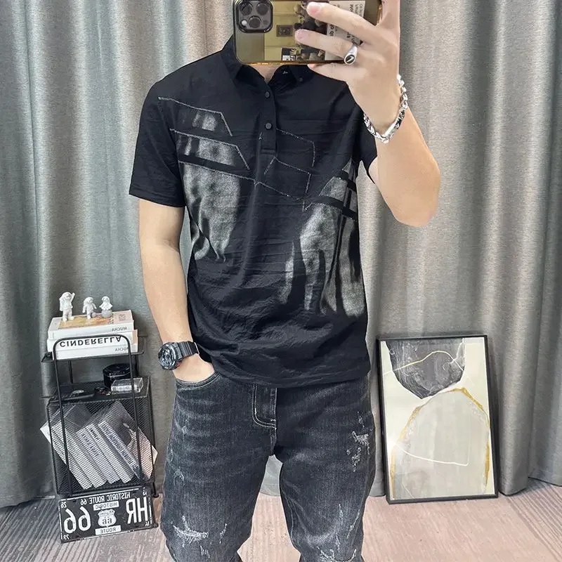 LIBIELIY Fashion Lapel Spliced Printed Casual Polo Shirts Men Clothing 2025 Summer New Loose Short Sleeve Korean Tops All-match