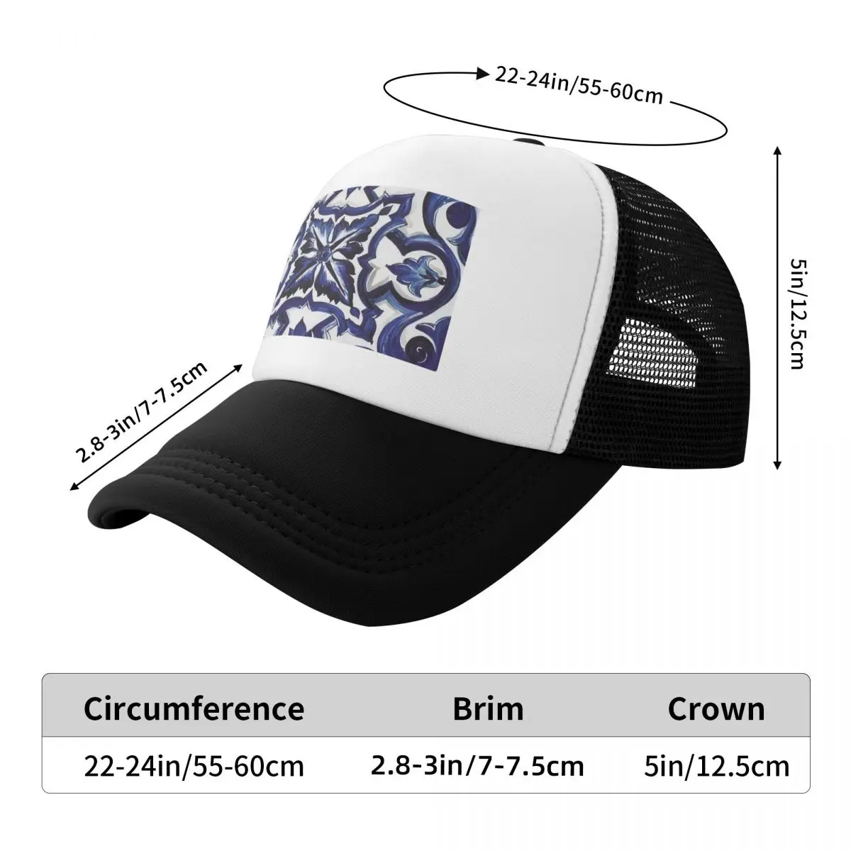 Blue Ornate Floral Mediterranean Sicilian Tile Cap Casual Mesh Baseball Caps Adjustable Hat Hip Hop Summer Unisex Baseball Hats