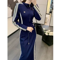 Women Spring Autumn Blue Stripe Sporty Matching Sets Lady Slim Zipper Coats Back Split Midi Skirts Two Piece Suit Casaul Outfits