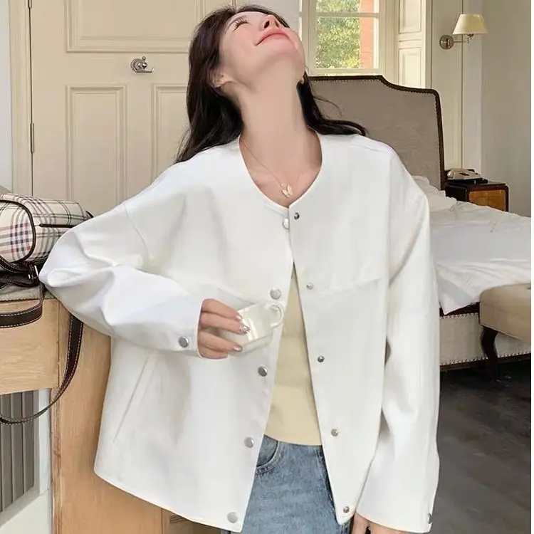 Spring Autumn 2026 New Style White Hong Kong Style Casual Baseball Jacket Short Outerwear Popular  Size Jacket for Women