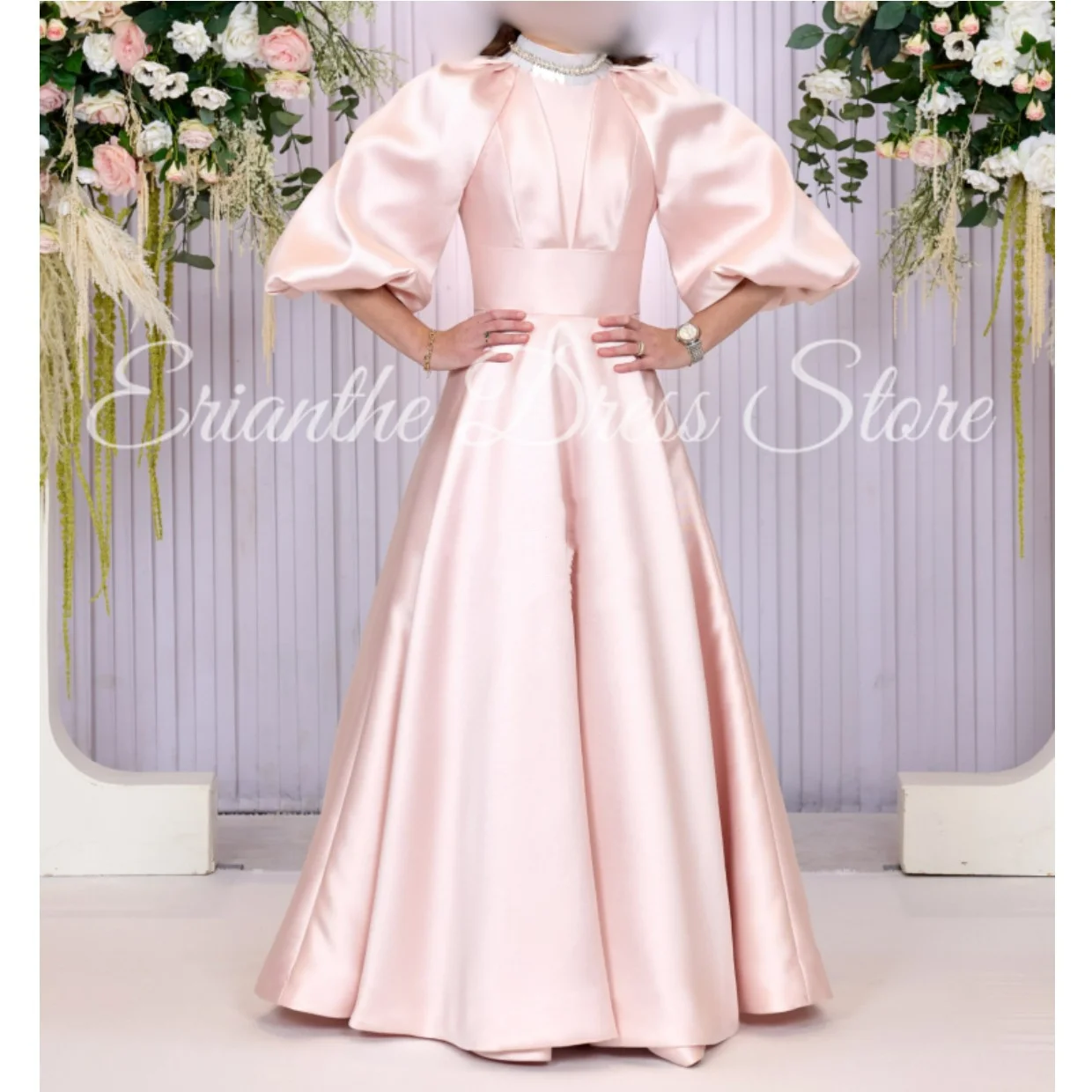 robe-de-demoiselle-d'honneur-en-satin-rose-manches-ballon-ligne-a-col-rond-robe-de-soiree-pour-fete-d'anniversaire-personnalisee