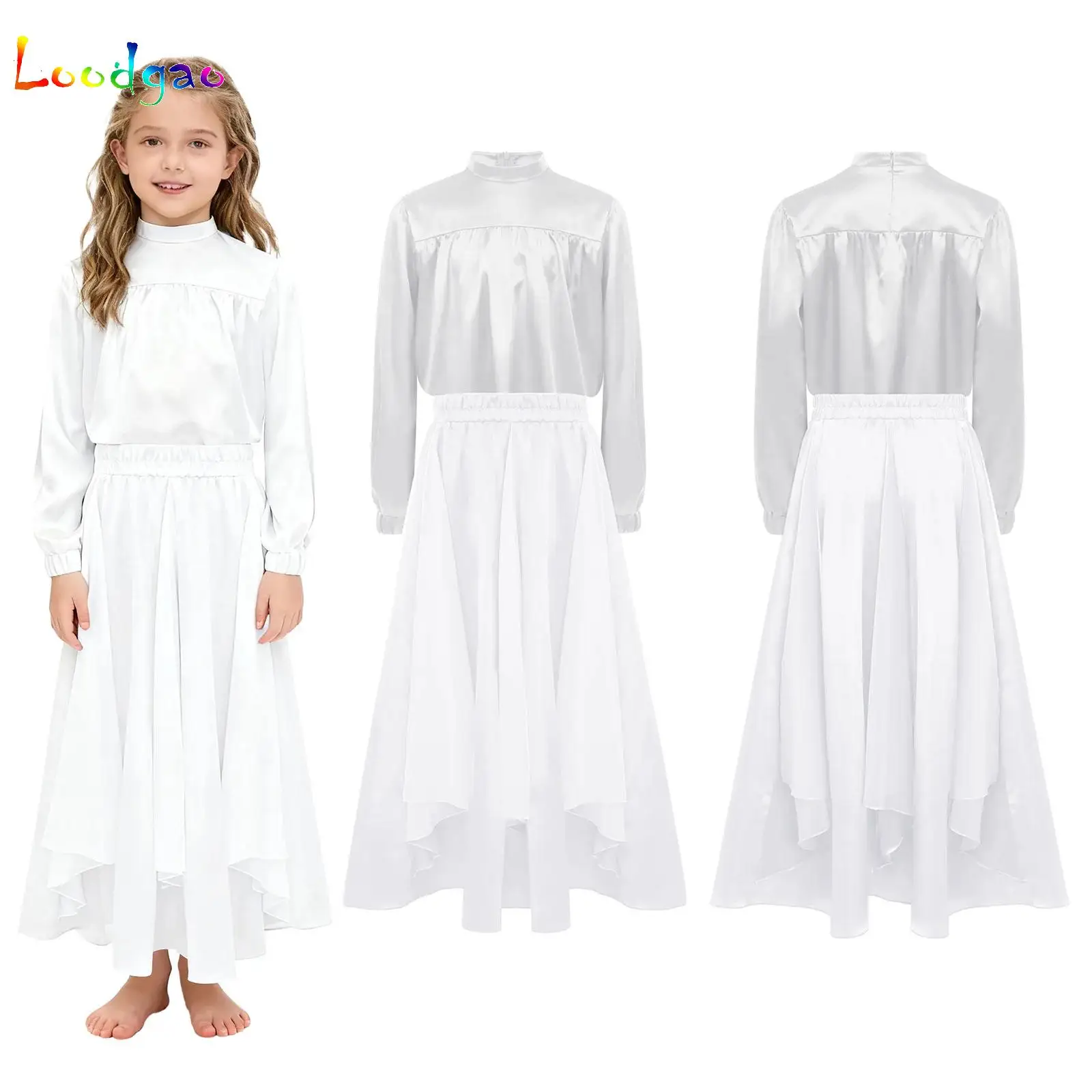 

Kids Girls Liturgical Dance Outfits Long Sleeve Satin Top Praise Tunic+Skirt Set for Lyrical Ballroom Waltz Modern Performance