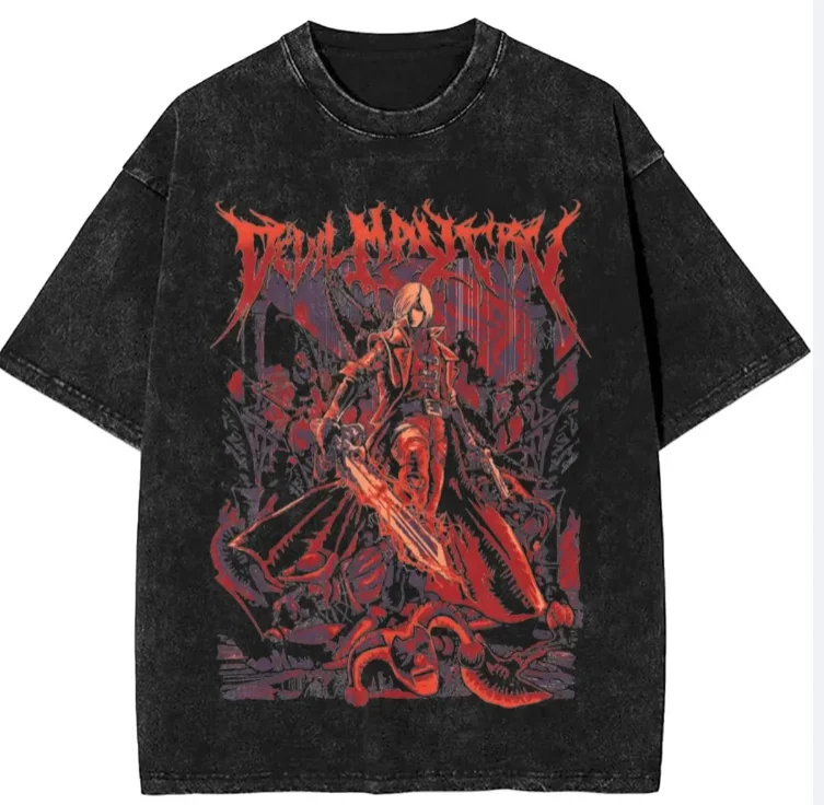 

Anime pattern front print, retro washed cotton men's T-shirt, short sleeved top streetwear