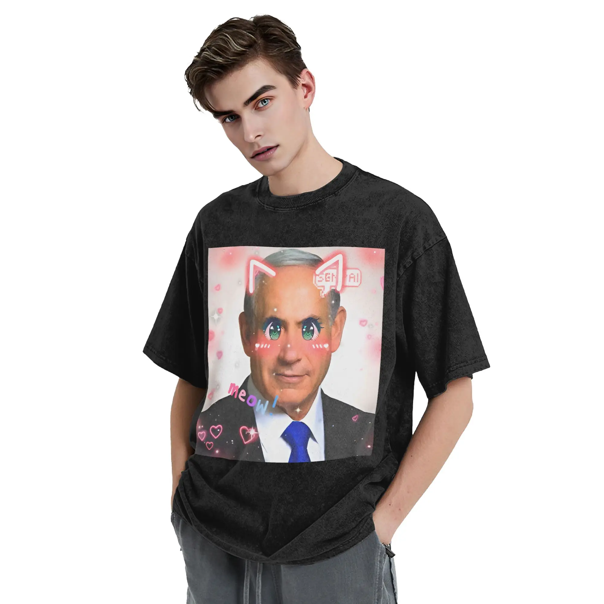 Benjamin Netanyahu Cute Kawaii Washed T Shirt Streetwear  Novelty T-Shirt  Tees Tops Men Women 100% Cotton Harajuku Graphic
