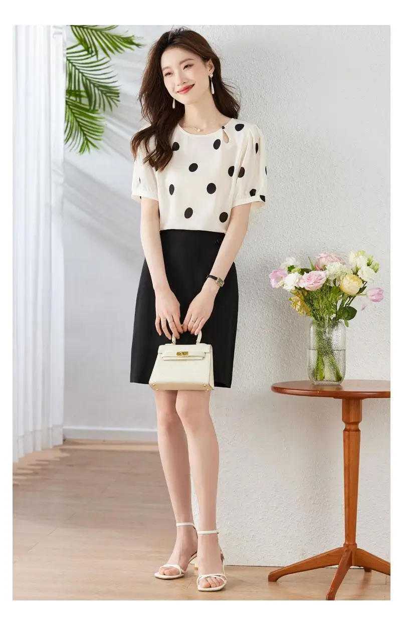 Verão novo estilo polka-dot de manga curta chiffon camisa feminina topos moda camisa solta emagrecimento capa barriga um pouco na moda