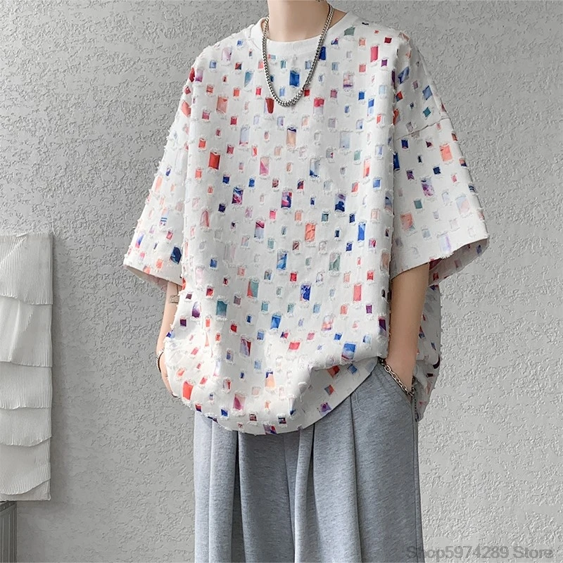 Men Short Sleeved T-shirt Summer Fashion Hollow Out Oversized Plaid T Shirt Men Streetwear Hip Hop Loose Casual Tshirt Male