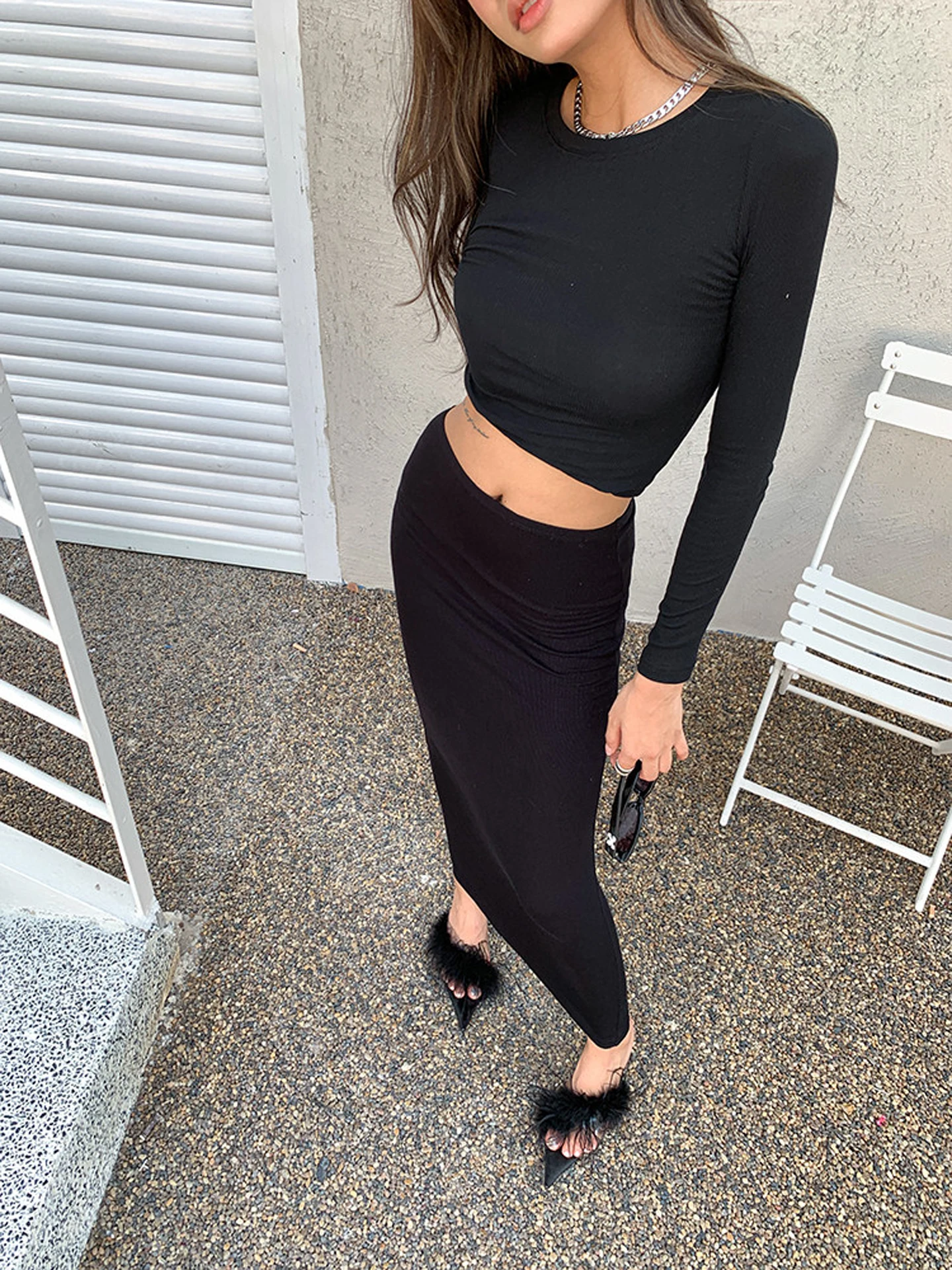 

DiscoGlam American Style Slim Fit Women's T-shirt round Neck Long Sleeve Casual Base Shirt Short Style Inner Wear Top