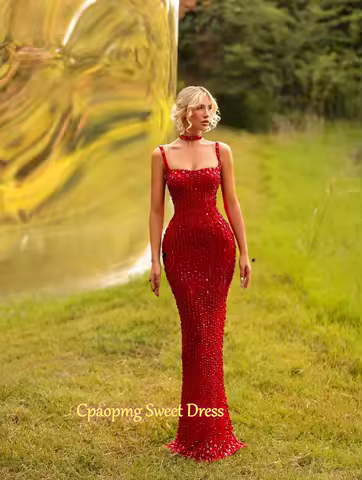 Expensive Rhinestones Evening Dress Square Collar Sleeveless Trumpet Formal Party Gown Vestidos De Festa Customized