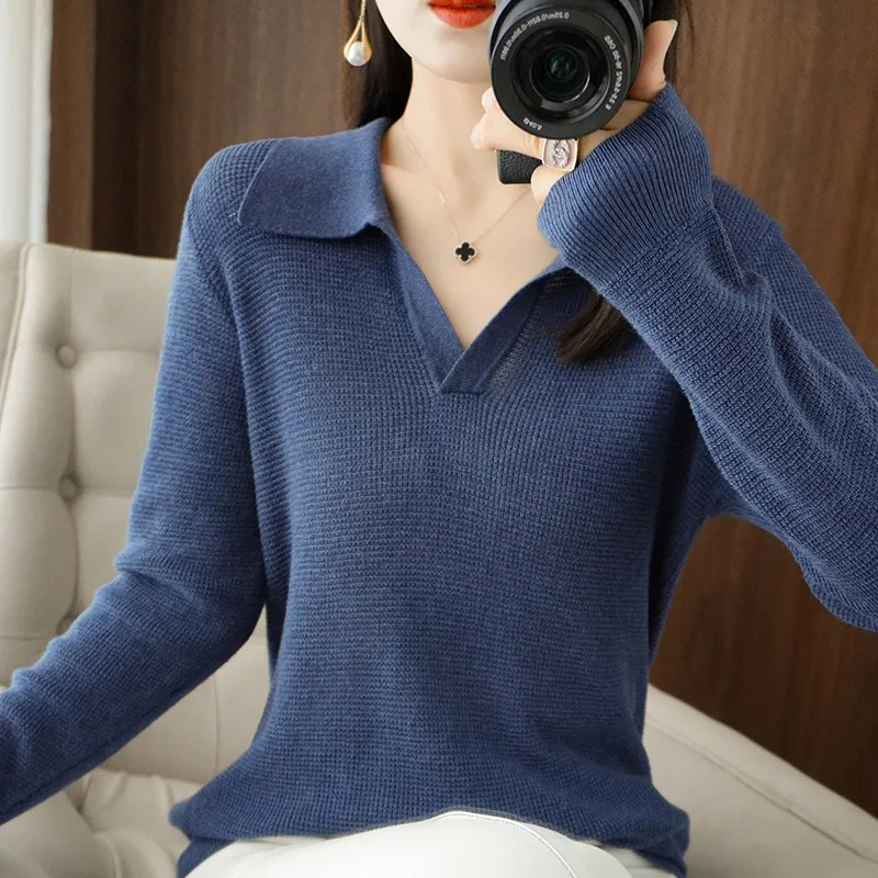 

Women New Wool Blend Sweater Polo Collar Honeycomb Lattice ​Pullover Autumn Winter Bottoming Shirt Casual Slim Warm Knitting Top