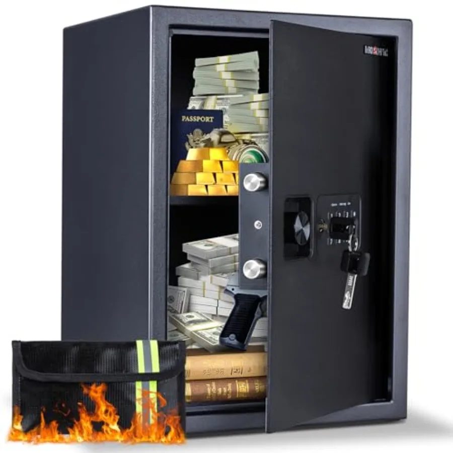 

Home use, steel, black, fireproof 2.0 cu ft safe with digital keypad, removable shelf, and fireproof bag for money and document