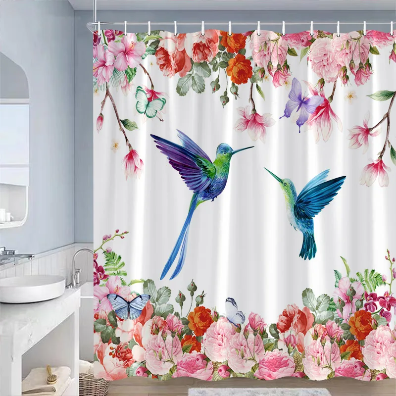 Floral Shower Curtains Butterfly Hummingbird White Daisy Dandelion Rose Flowers Plants Polyester Fabric Bathroom Curtain Decor