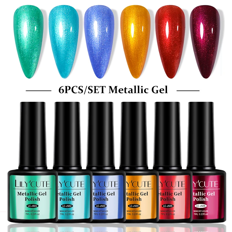 LILYCUTE 6Pcs/Set Metallic Gel Nail Polish For Chrome Nails Mirror Effect Semi Permanent UV Gel Nail Art Glitter Gel Varnishes