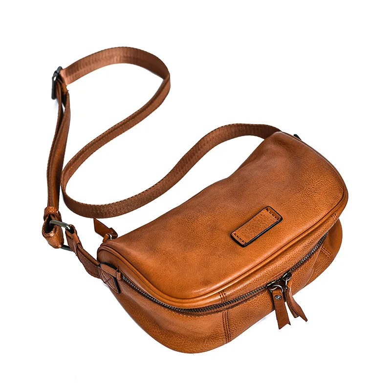 Original Cowhide Top Layer Women's Wide Shoulder Belt Messenger Bag Wide Bottom Versatile Leather Simple Shoulder Bag Armpit Bag