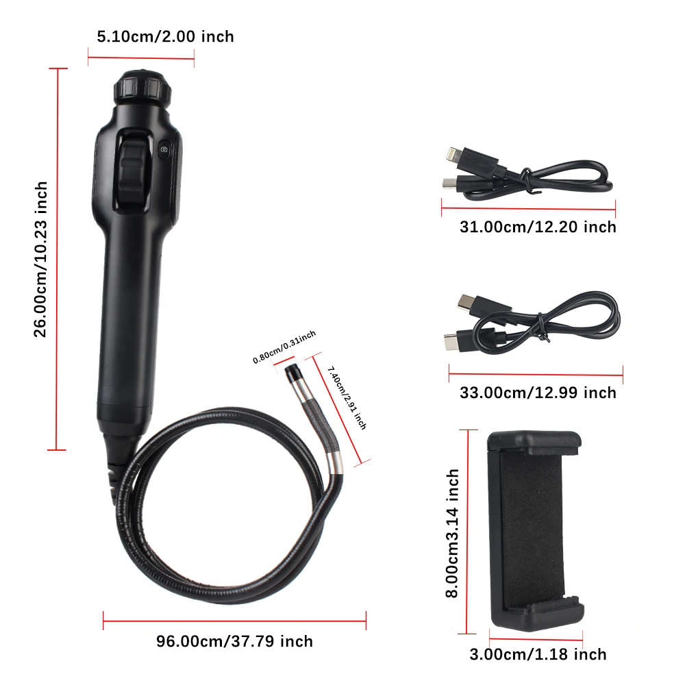 360° Steering Endoscope with Articulation Cars Inspection Camera Articulating Borescope with 8 LED Lights 1080P for Android/IOS