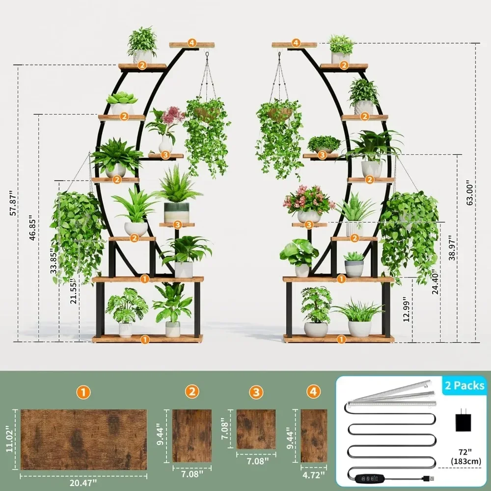 Zakrzywiony stojak na rośliny do salonu Półka o wysokości 64 cala Stojak na rośliny doniczkowe Wiele w pomieszczeniach ze światłami do uprawy Patio