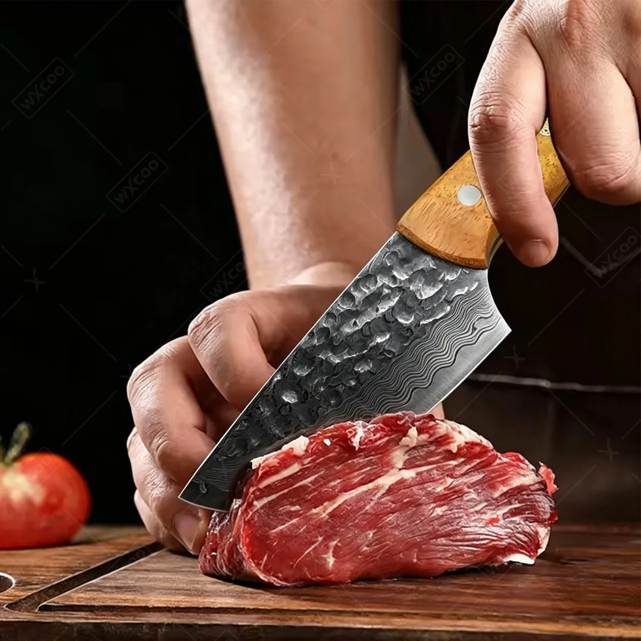 WXCOO 67 Layer Damascus Steel Cleaver Knife Meat Fish Sushi Steak BBQ Boning Wooden Handle Leather Sheath for Home Cooking