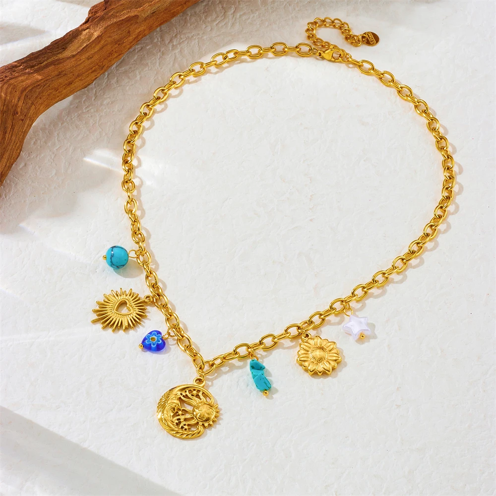 DIEYURO 316L Stainless Steel Flower Calaite Heart Sun Multiple Pendant Necklace For Women New Fashion Neck Chain Jewelry Gift