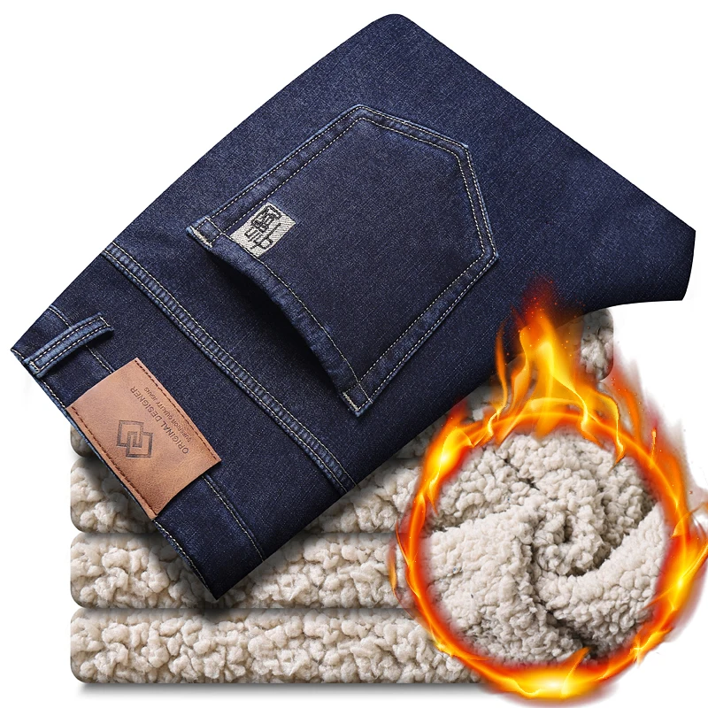 Wool Velvet Winter Fleece Men\'s Jeans Thickened Straight Mid-waist Business Casual Man Pants Thermal Stretch Denim Trousers
