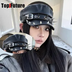 Harajuku Gothic Lolita Cool Punk Skull Spike Cap Biker NewsBoy hip pop Cap Mens Women Unisex Beret PU Leather rivet punk Cap