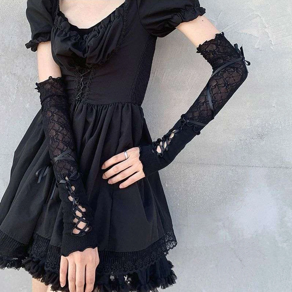 Y2K Lolita Gloves Ballet Style Black White Lace Sleeves Gothic Strap Lace-Up Hand Sleeve Sunscreen Sleeve Women Mesh Punk Gloves