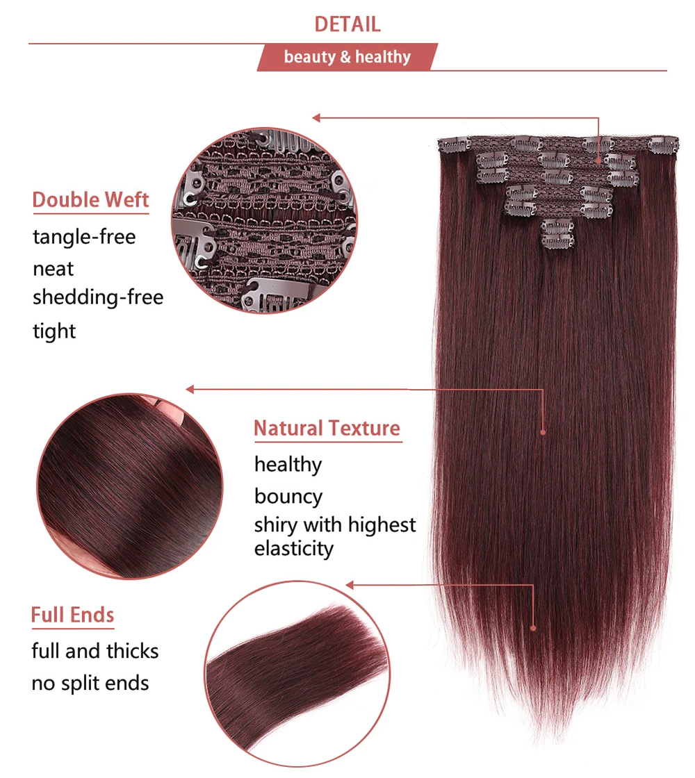 Burgundy Clip In Hair Extensions Remy Real Hair Straight Double Weft 7PCS Clip-On HairPiece Clip In Human Hair for Women #99J