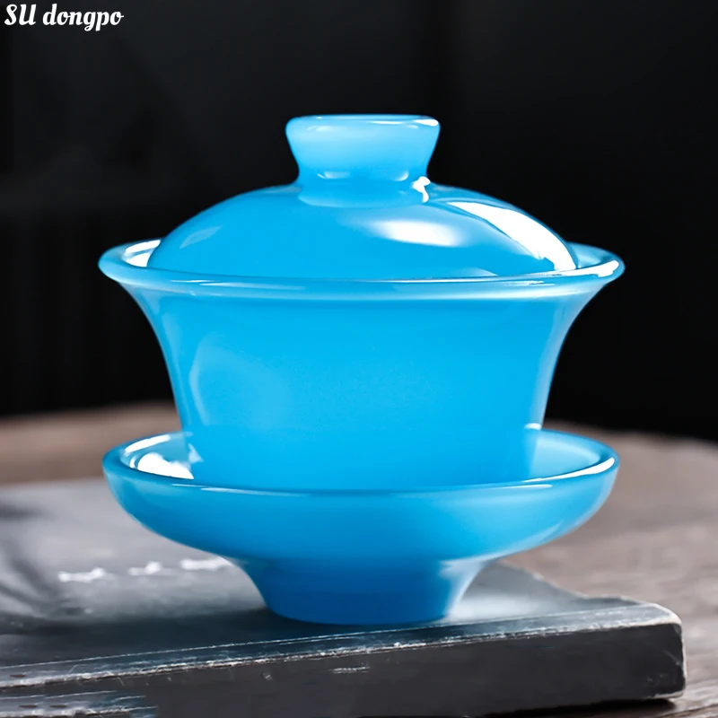 

Chinese Tea Bowl Ice Blue Jade Porcelain Gaiwan Glass Coloured Glaze Large Capacity Kungfu Gawian Tea Set for Cha Hai