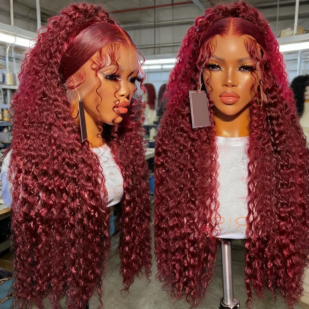 

250 Density 99J Burgundy 13x6 HD Lace Frontal Human Hair Wig Pre plucked Colored Brazilian Deep Wave Curly Human Hair Wig