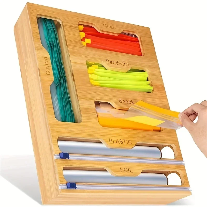 Kitchen Storage Shelf Plastic Wrap Dispenser with Cutter Bamboo Ziplock Bag Organizer and Foil and Plastic Wrap Organizer