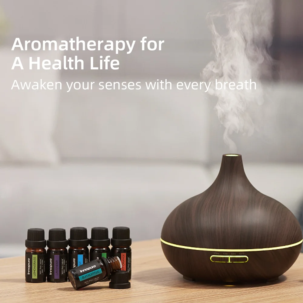 Dark Wood Grain Aromatherapy Diffuser & 6 Essential Oils Set 550ml Ultrasonic Cool Mist Humidifier with 4 Timers 7 Colors Lights
