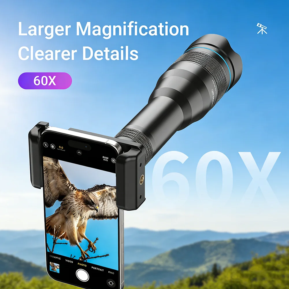 APEXEL 60X Professional Monocular Telescope: High-Definition Metal Phone Telephoto Lens for Hunting, Fishing, Sailing and Travel