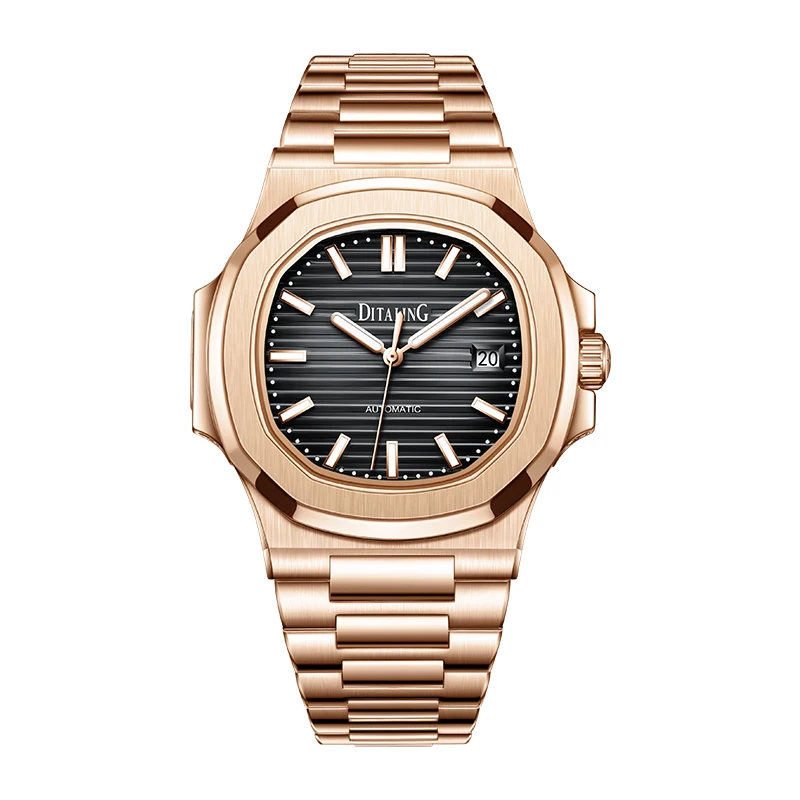 DITALING الرجال ساعة أوتوماتيكية الساعات الفاخرة مربع الميكانيكية ساعة اليد خمر مقاوم للماء الياقوت فراشة المشبك مضيئة