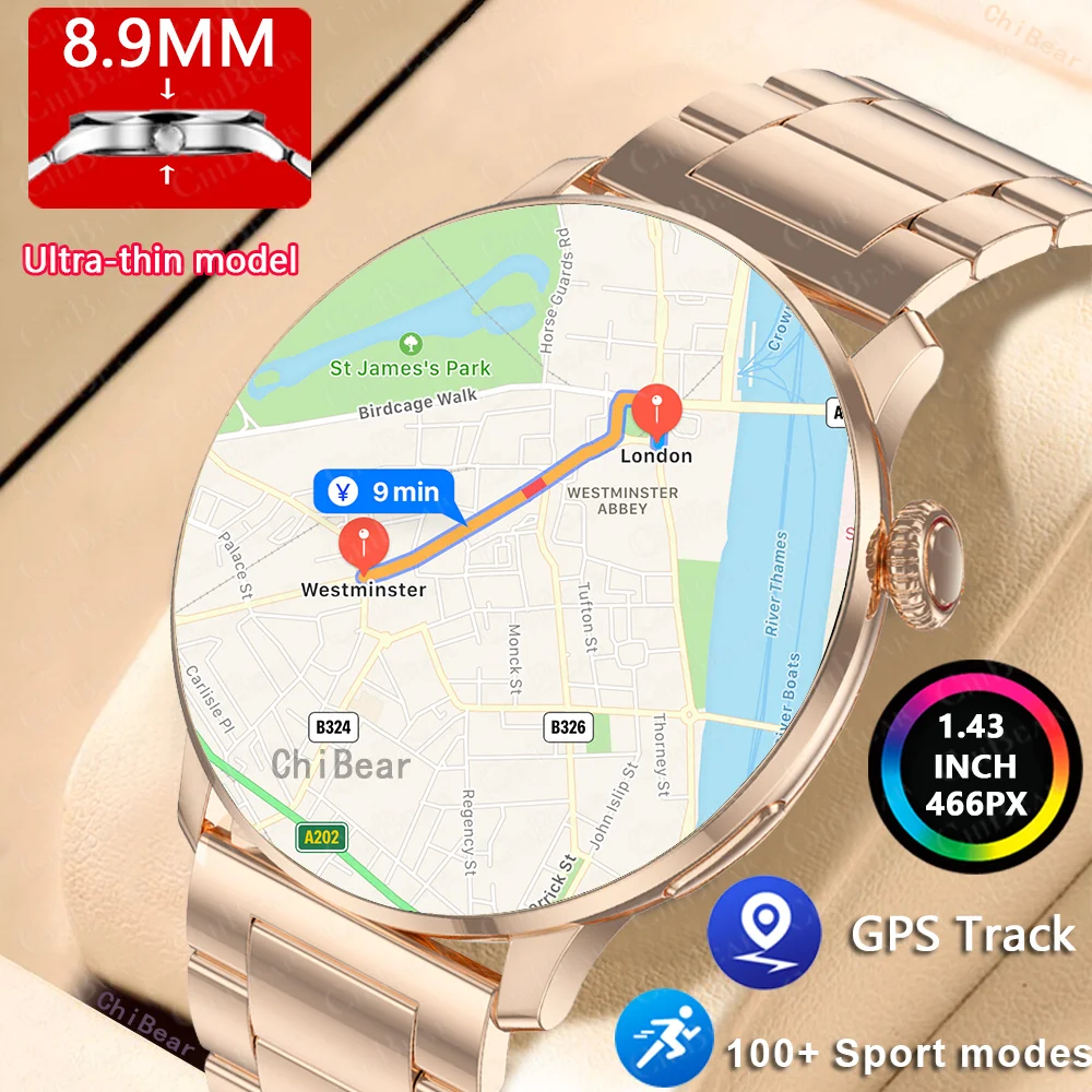 

Ультратонкие модели, мужские умные часы с GPS-трекером, 150 спортивных режимов, водонепроницаемые часы, 1,43 дюйма, умные часы с пульсометром и Bluetooth-вызовом 2025