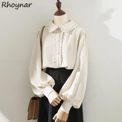 Shirts Women Peter Pan Collar Lantern Sleeve Solid Stringy Selvedge Fashion Youth All-match Simple Leisure Female Autumn Cute