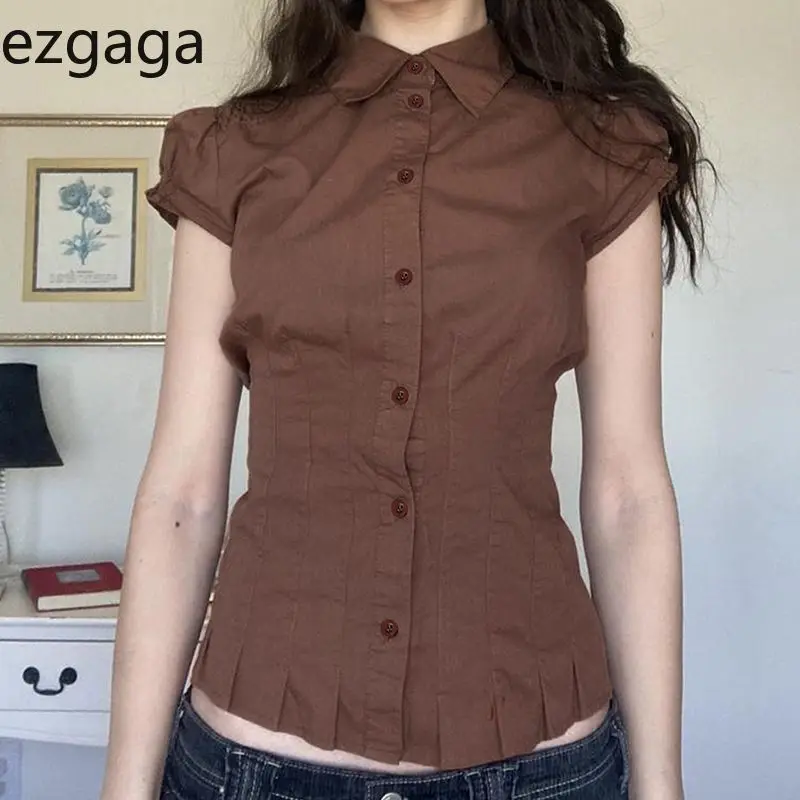 

Ezgaga Women Shirts Vintage Short Sleeve Single Breasted Turn Down Collar Fashion Y2k Crop Tops Solid Ladies Shirt Casual