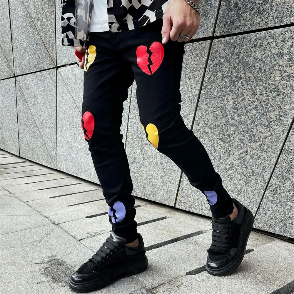 Trend Black Jeans Fashion Street Trousers Cozy Skinny Broken Heart Printed Design Soft Denim Pants Mens Clothing New Men