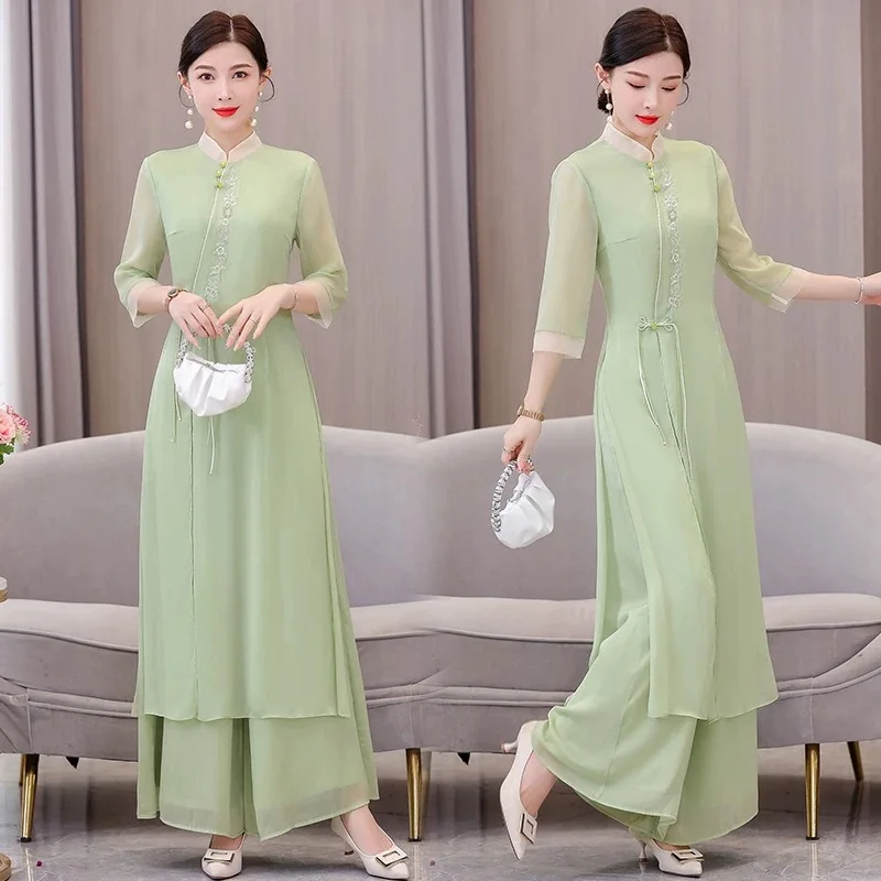 

Summer Women Chinese Vinatge Style Cheongsam Suit Oriental Embroidery Party Evening Dress Dance Performance Costumes
