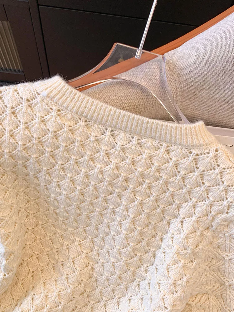 Beige Fashion O-Neck Patchwork Lace Sweater Women Sweet Long Sleeve Slim Cashmere Top Autumn 2024 Sexy Tide Hollow Out Pullover