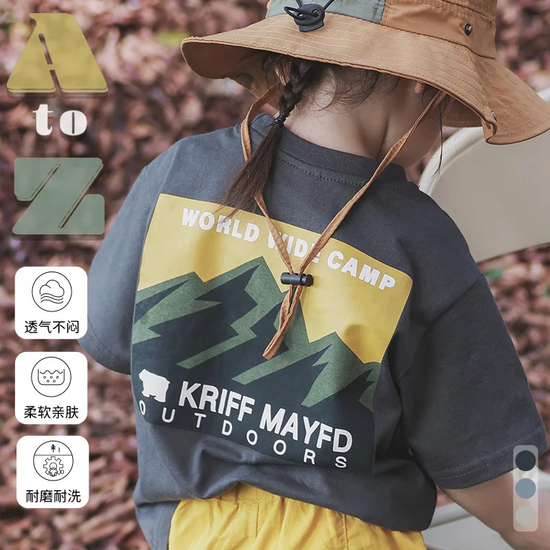 

RomperDew Girls Cotton Short-sleeved Summer Children's Mountains Printed T-shirt Casual Round Neck Tops Children's Clothing