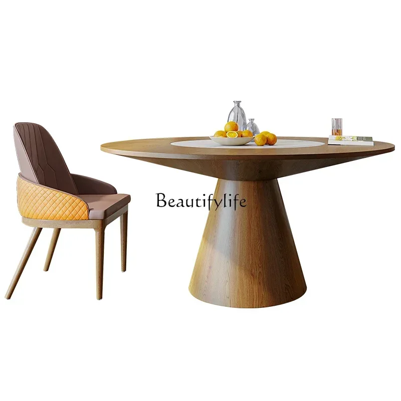 

Nordic round modern simple round dining table household solid wood with embedded turntable