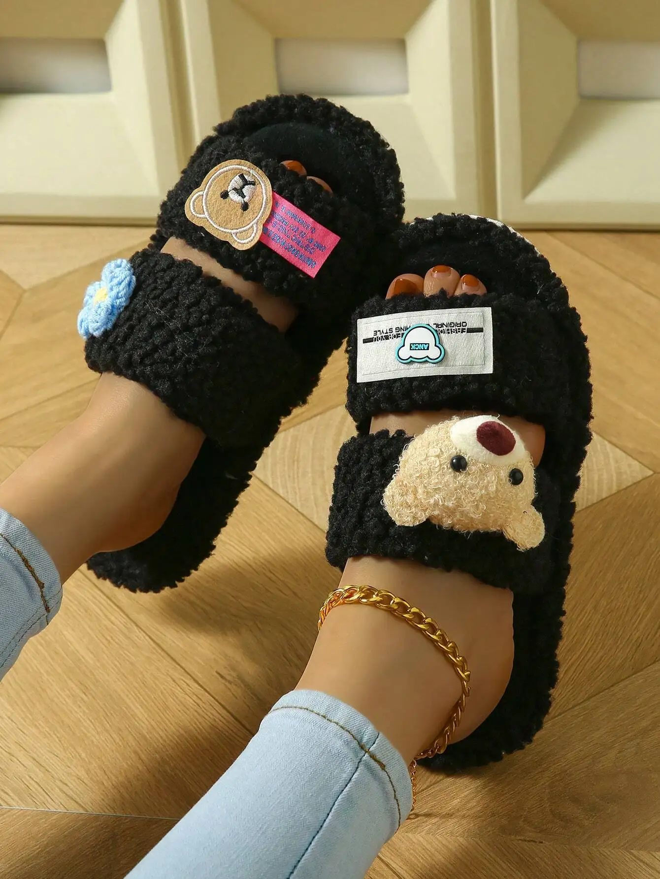 shensongni Women's Cute 3D Bear Decor Plush Open Toe Slippers, Double Strap Hook And Loop Black Fleece House Slippers, Warm Anti-Slip Indoor Plush Style, Suitable For Autumn/Winter.sx2406230476830026