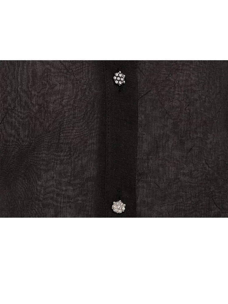 HH Women Autumn New Fashion Bow Decorative Translucent Shirt Female Temperament Sexy Single Breasted Slim Long Sleeve Shirt