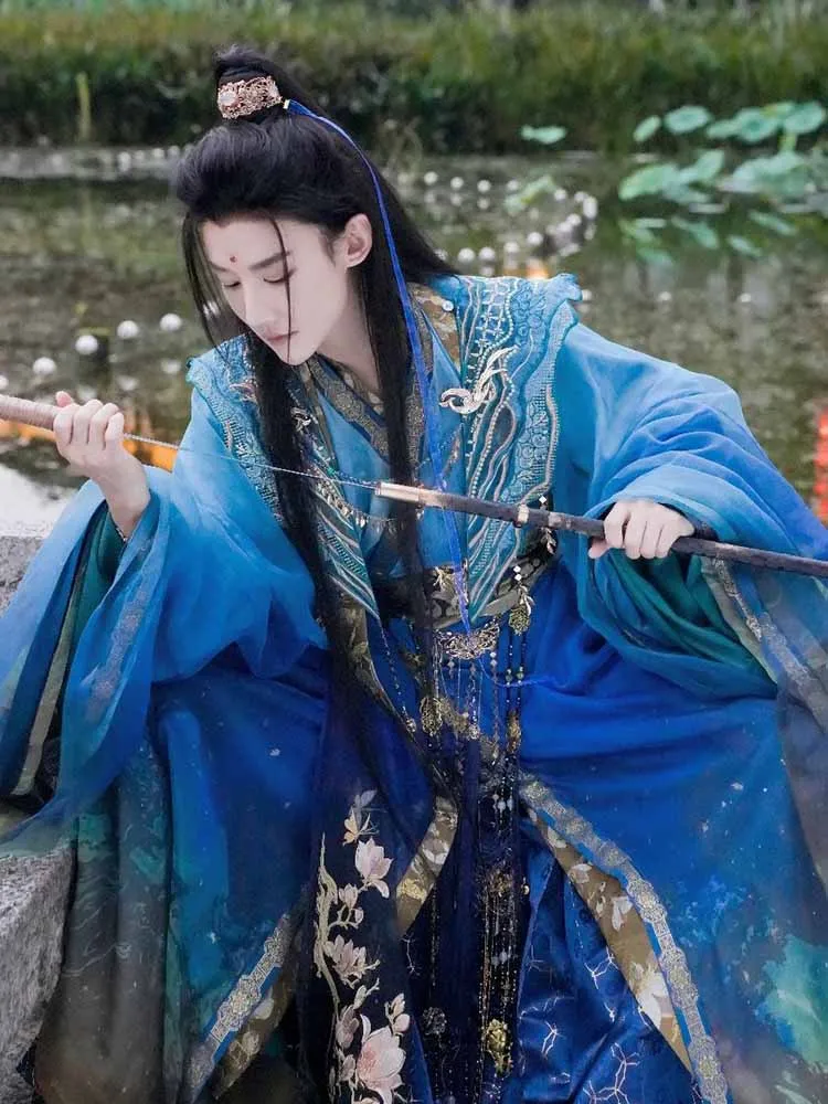 Роскошный китайский Hanfu мужской старинный традиционный Hanfu градиентный синий женский костюм для косплея фотография