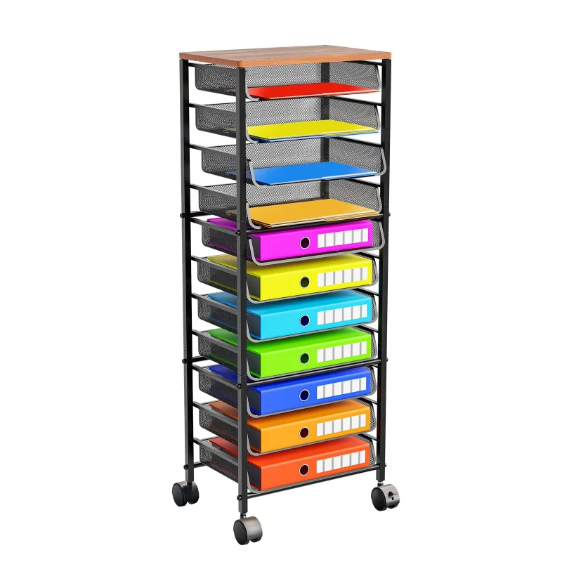 

12 Tier Rolling File Cart with Sliding Trays Wooden Top Metal Mesh Organizer Mobile Storage for Office Home School
