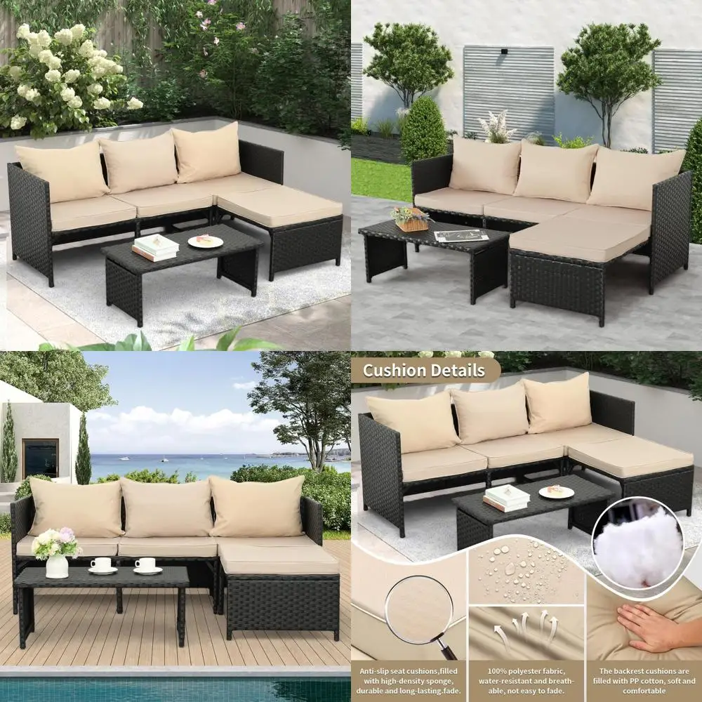 

3-Piece Outdoor PE Rattan Patio Furniture Set with Black Wicker Loveseat Sofa and Sectional Couch, Khaki Cushions