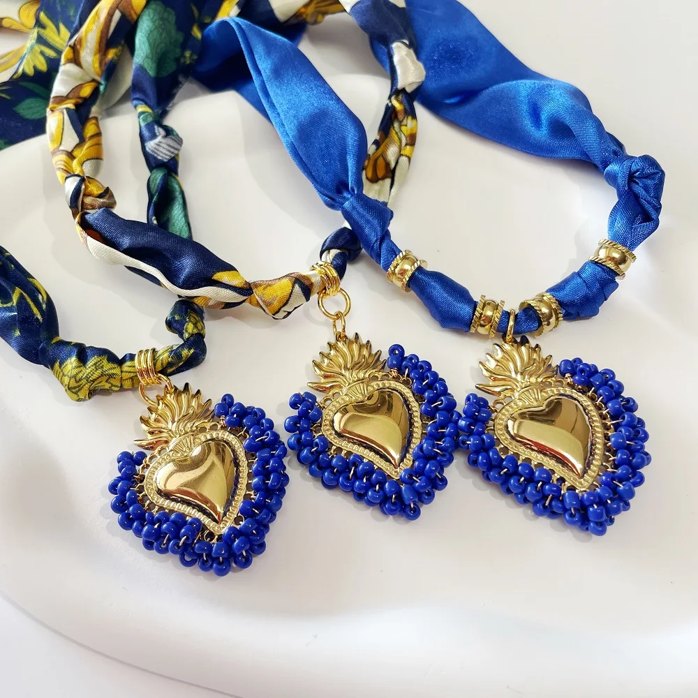 

Indigo Heart Charm Scarf Necklace, Elegant Stackable Jewelry Bandana Necklace Accessory