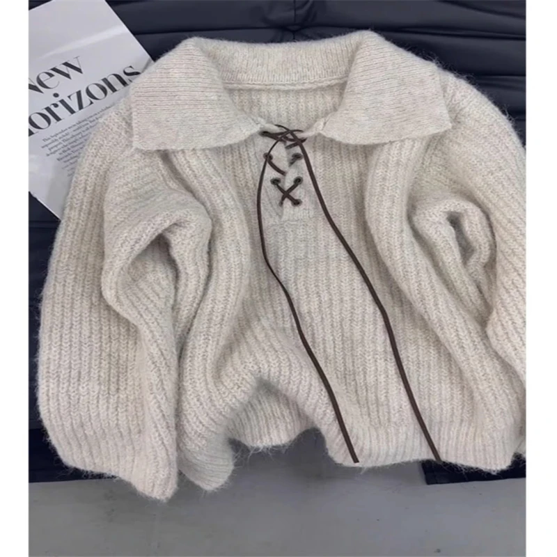 Autumn/Winter Thickened Soft and Flexible Lapel Tied Pullover Sweater Loose Fit Idle Style Sensibility Niche Knitted Top For Wom